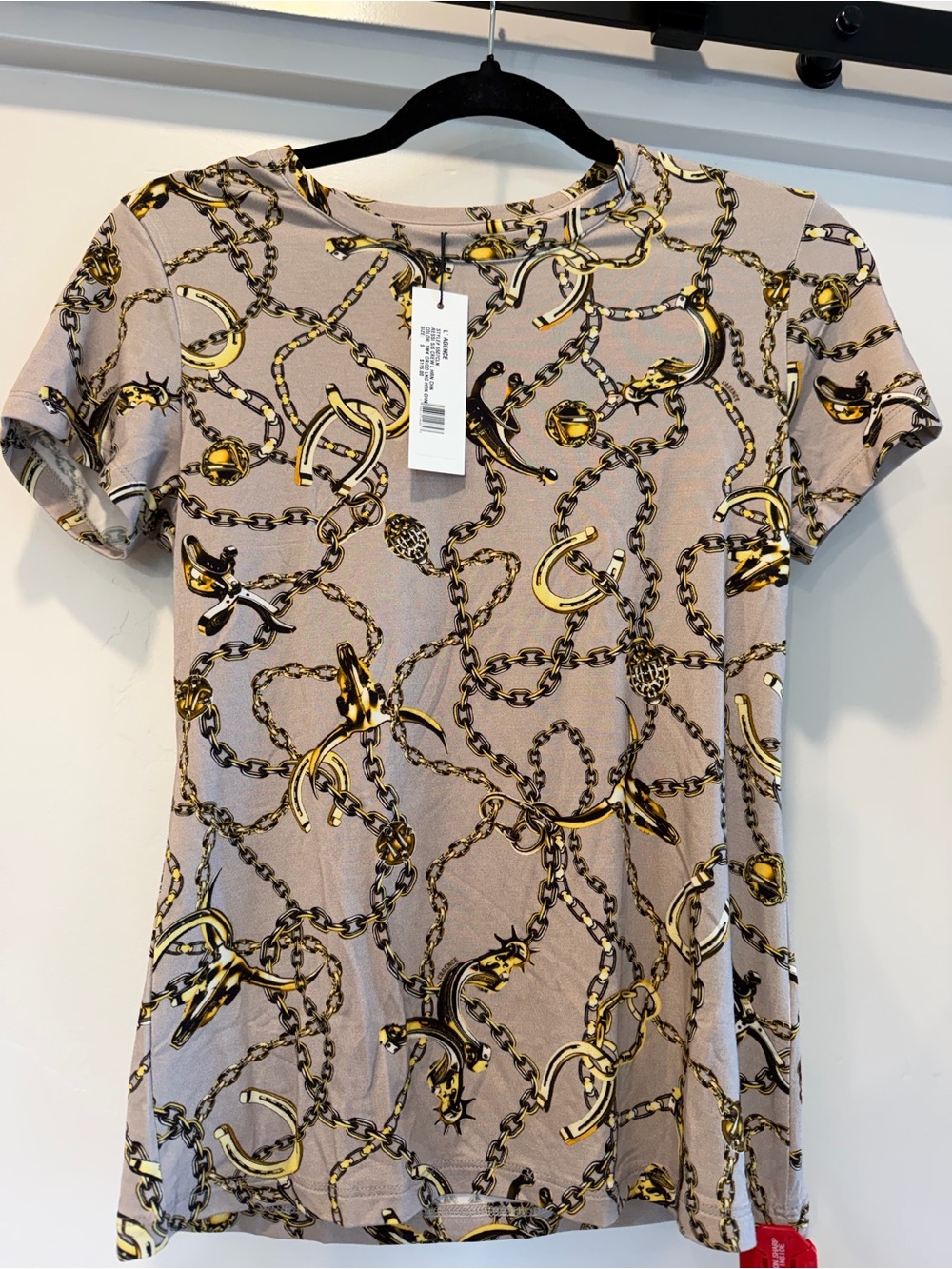 L’Agence Taupe Short Sleeve Chain-Print Top with Gold Accents S